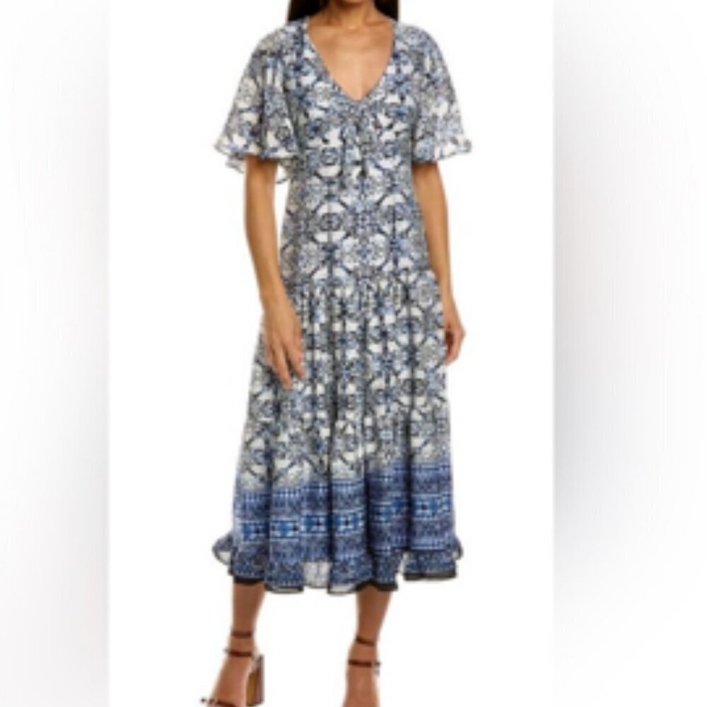 TAYLOR Blue White Abstract Floral Flutter Sleeve Tie Front Pockets Maxi Dress 4